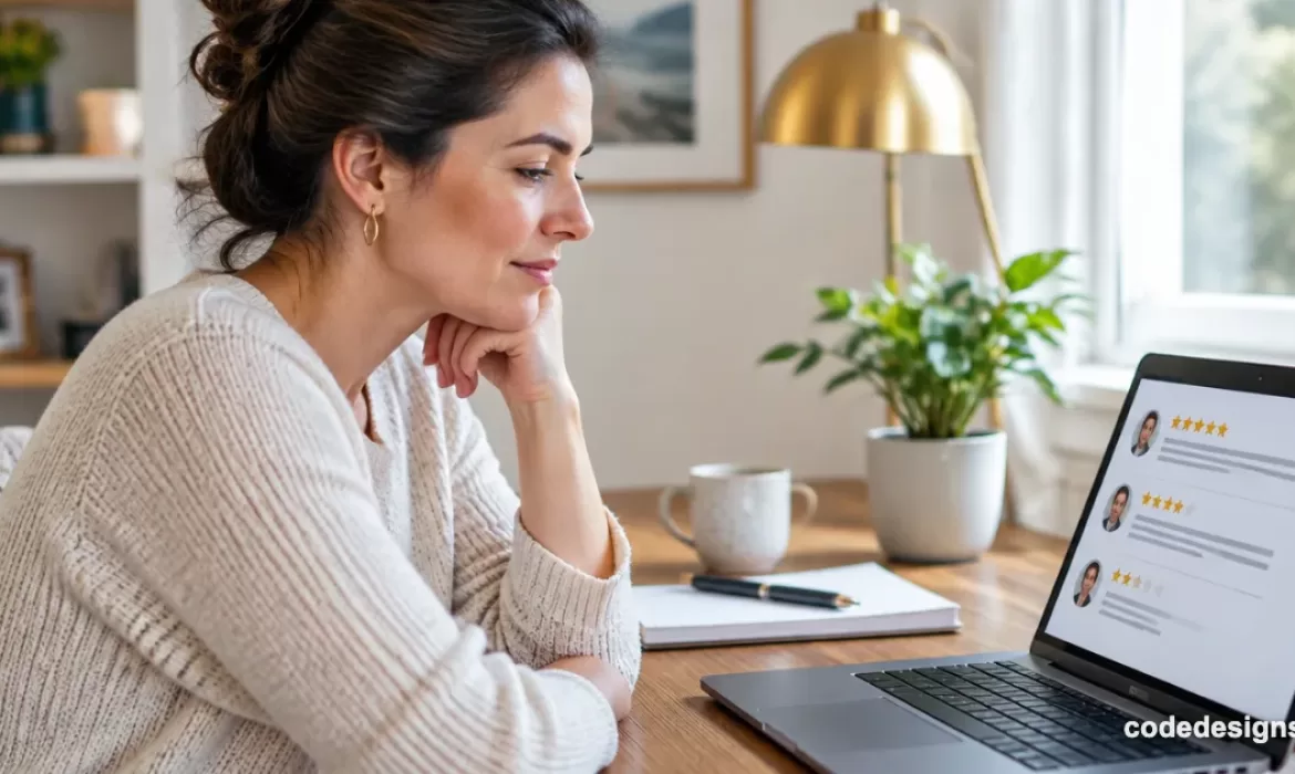Small business owner reviewing AI reputation management dashboard with customer star ratings