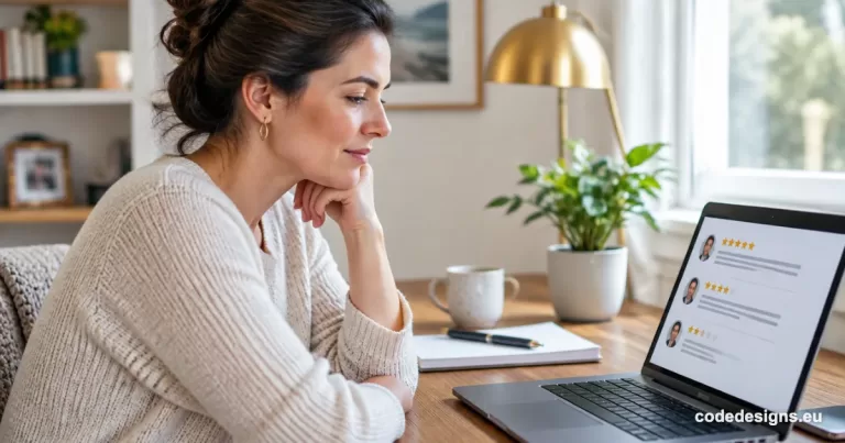 Small business owner reviewing AI reputation management dashboard with customer star ratings