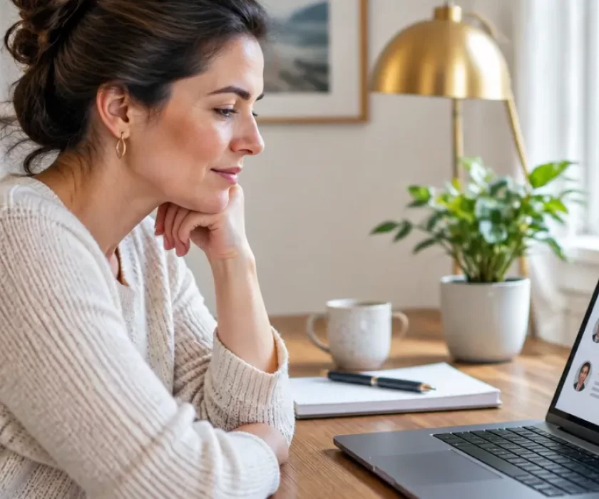 Small business owner reviewing AI reputation management dashboard with customer star ratings