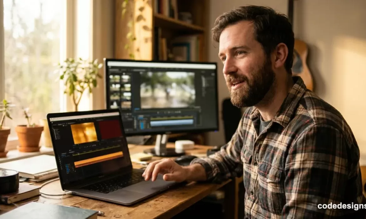 person editing video with AI video editing conversational agent on laptop