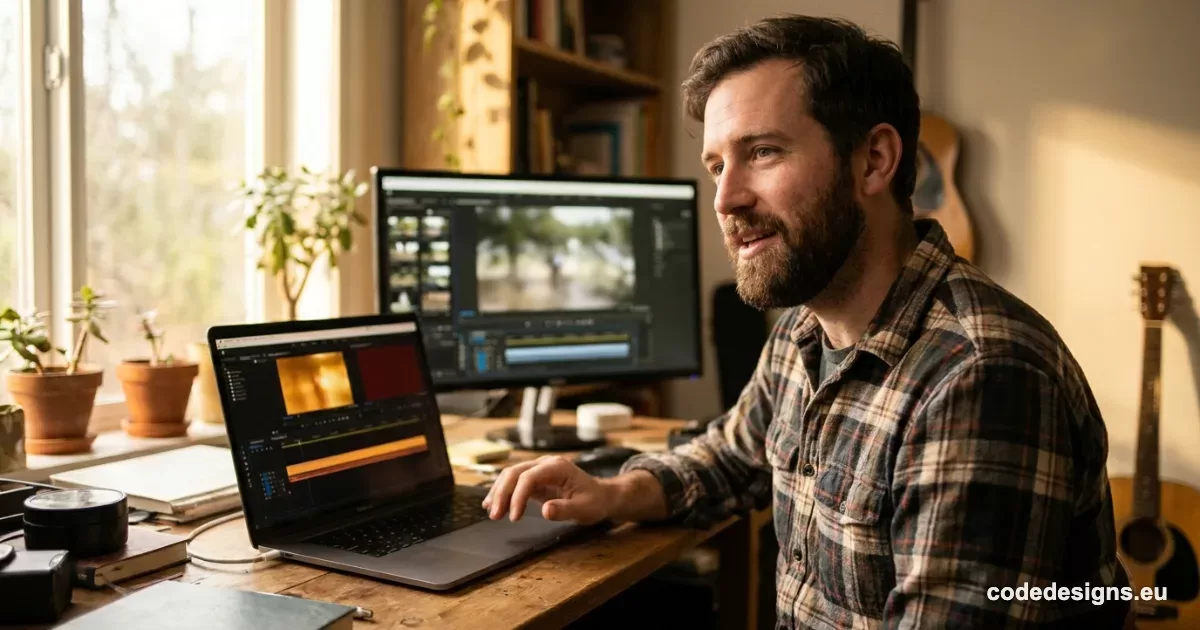 person editing video with AI video editing conversational agent on laptop