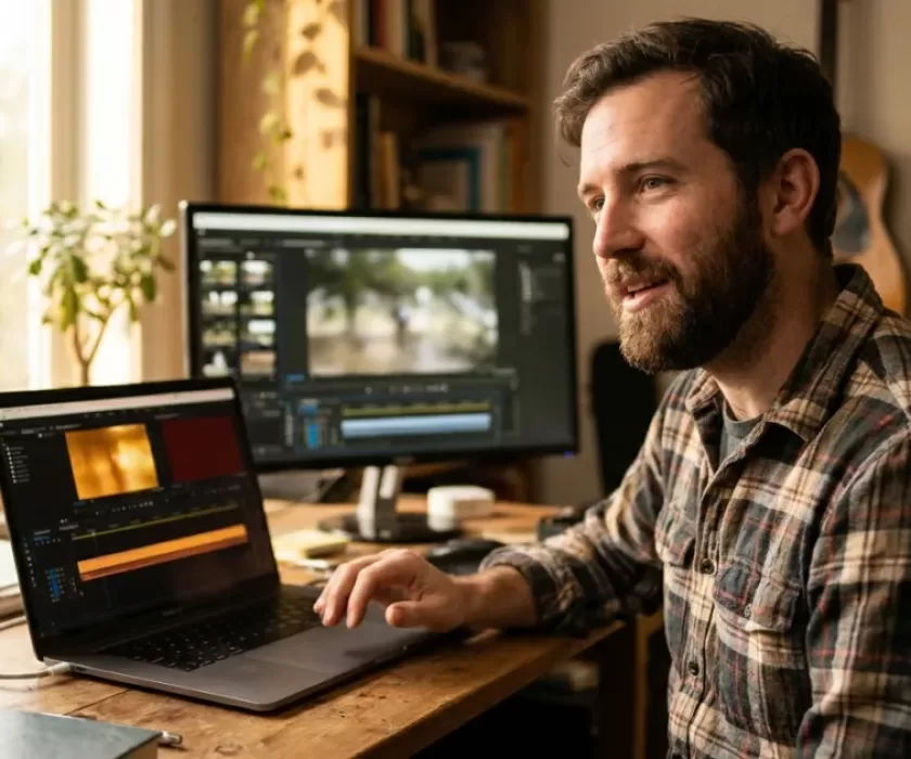 person editing video with AI video editing conversational agent on laptop