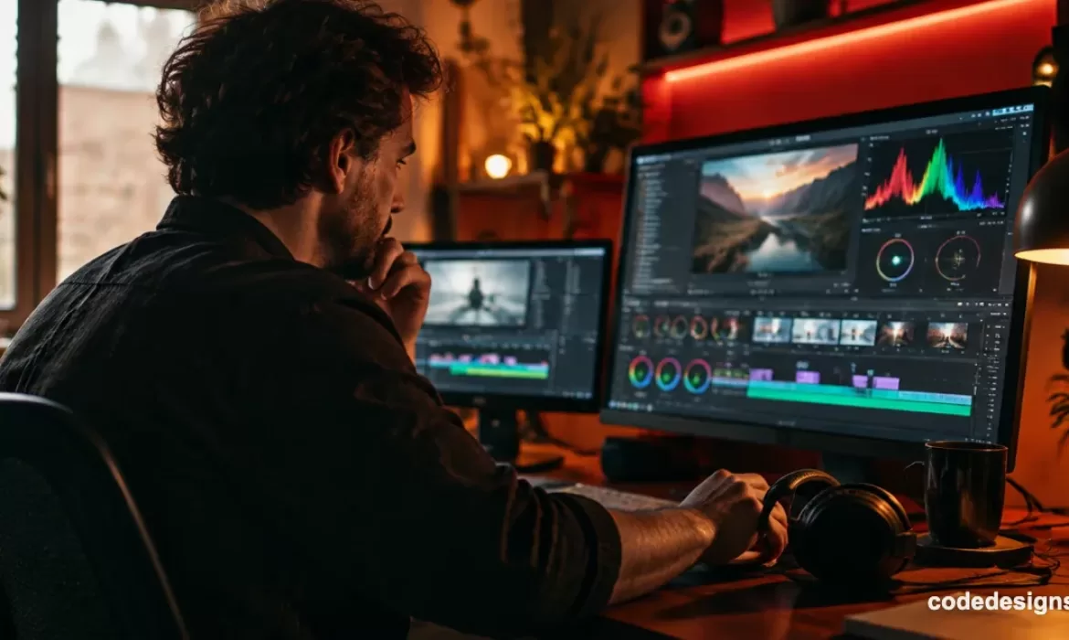 Video editor color grading footage while working with Adobe Premiere AI video generation tools