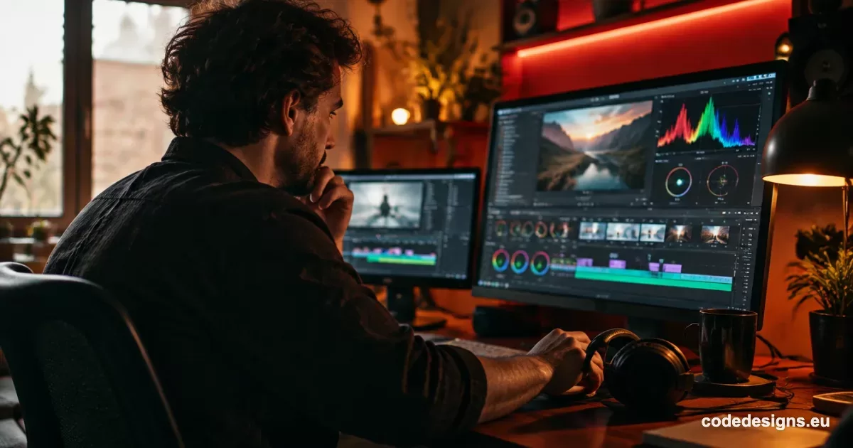 Video editor color grading footage while working with Adobe Premiere AI video generation tools