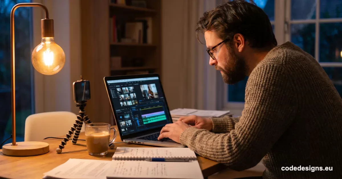 AI video generation tools shown as a small business owner editing video clips on a laptop