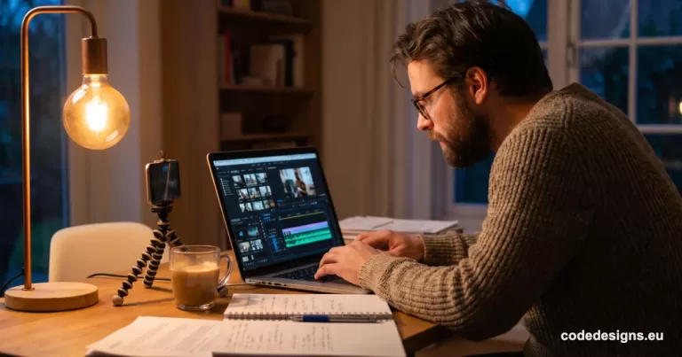 AI video generation tools shown as a small business owner editing video clips on a laptop