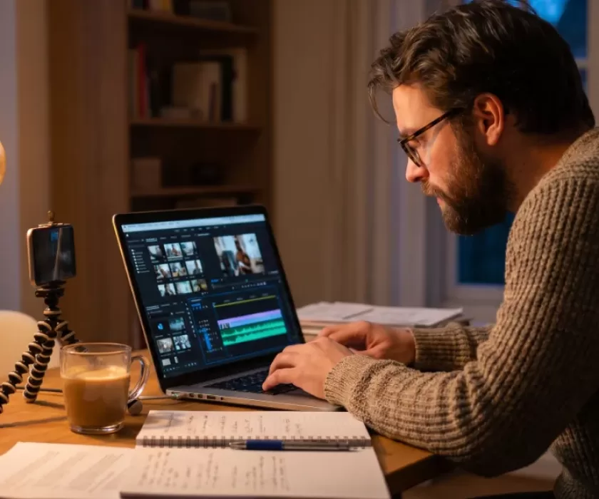 AI video generation tools shown as a small business owner editing video clips on a laptop