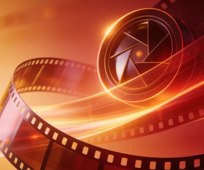 Abstract editorial illustration in amber and red tones representing AI video production workflows