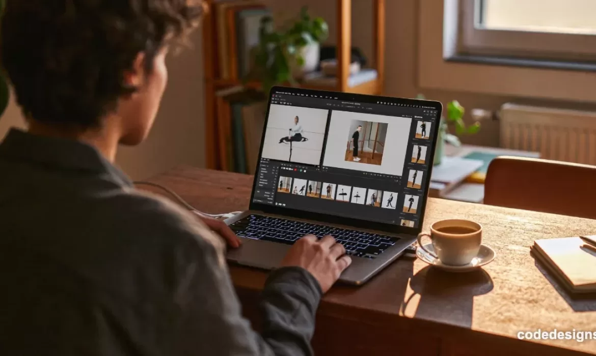 Small business owner editing video footage on a laptop, illustrating AI video reframing for social media content