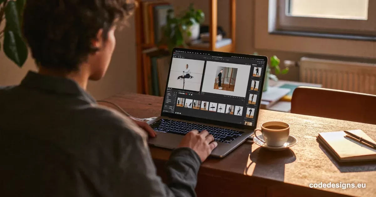 Small business owner editing video footage on a laptop, illustrating AI video reframing for social media content