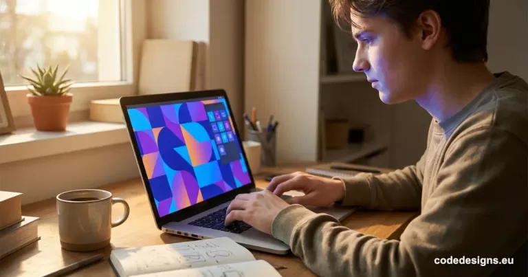 Entrepreneur using an AI website builder on a laptop in a home office