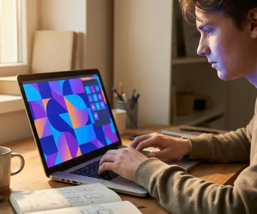 Entrepreneur using an AI website builder on a laptop in a home office