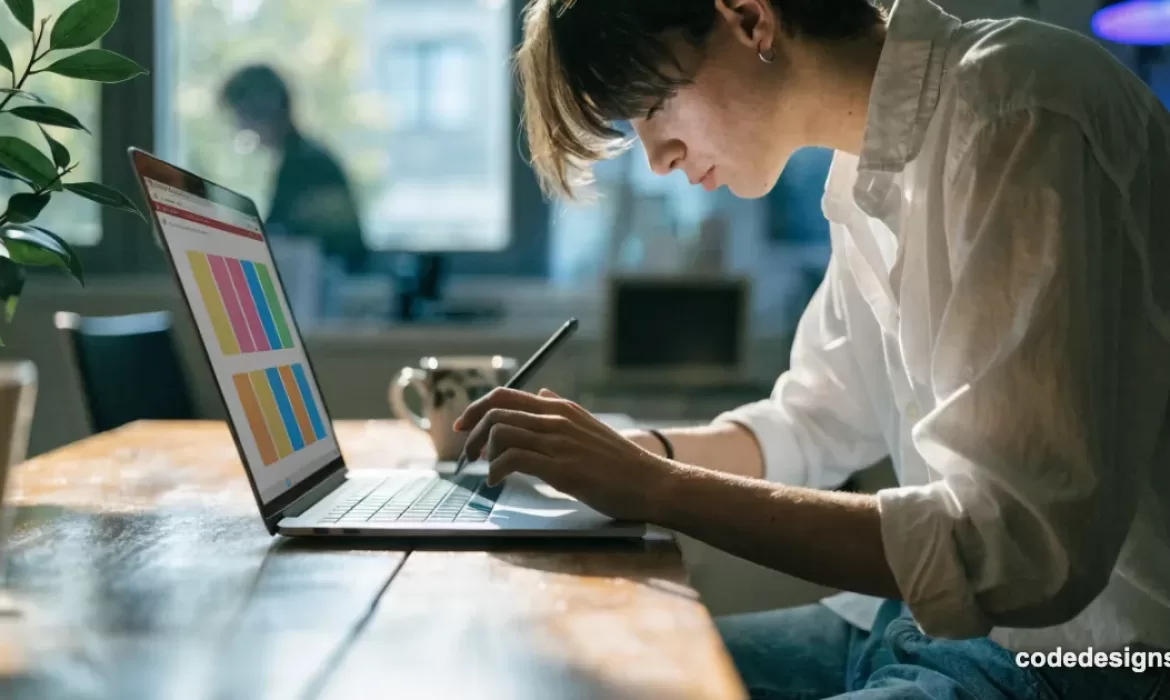 Canva Code 2.0 AI website builder shown as a person editing a colorful webpage design on a laptop
