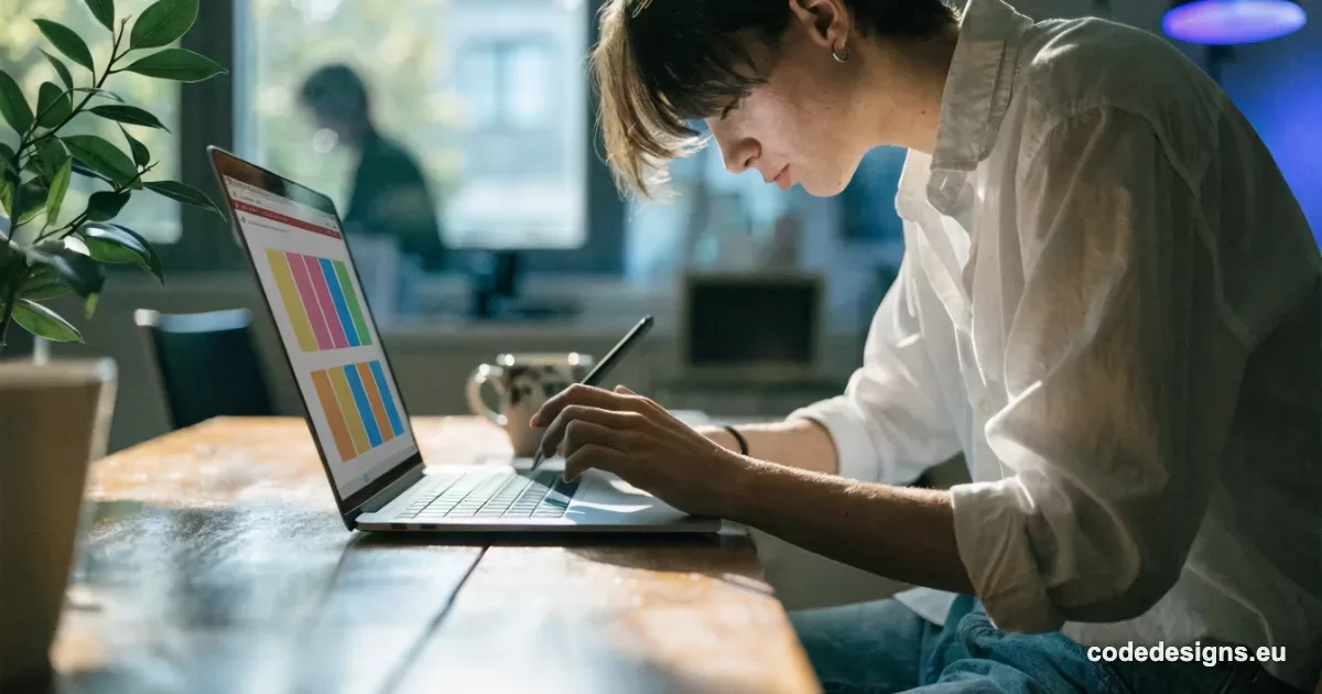 Canva Code 2.0 AI website builder shown as a person editing a colorful webpage design on a laptop