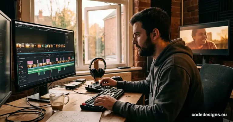 video editor using CapCut EditPilot to edit footage on a dual-monitor desktop setup
