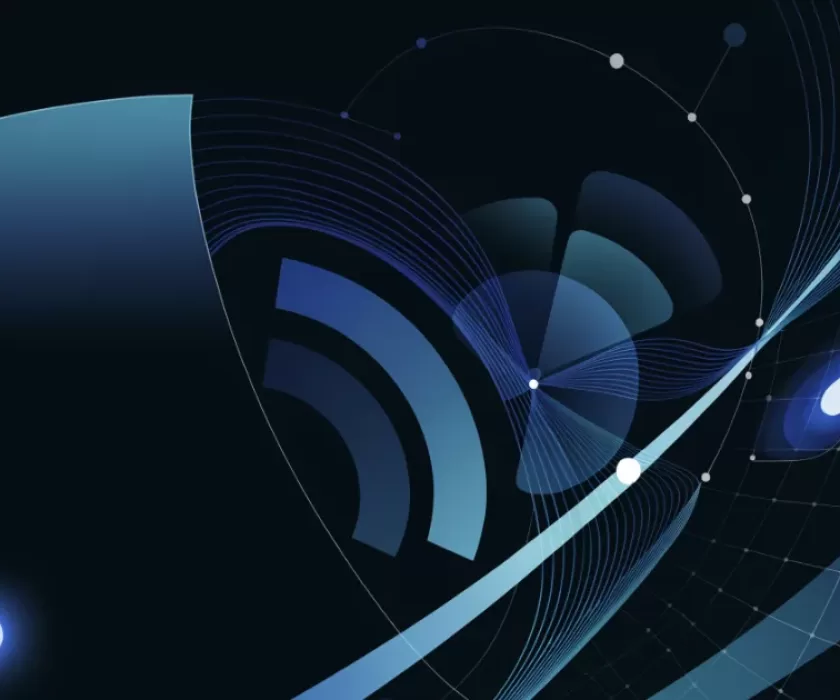 Abstract dark teal and navy background illustrating Cloudflare AI bot management and web security