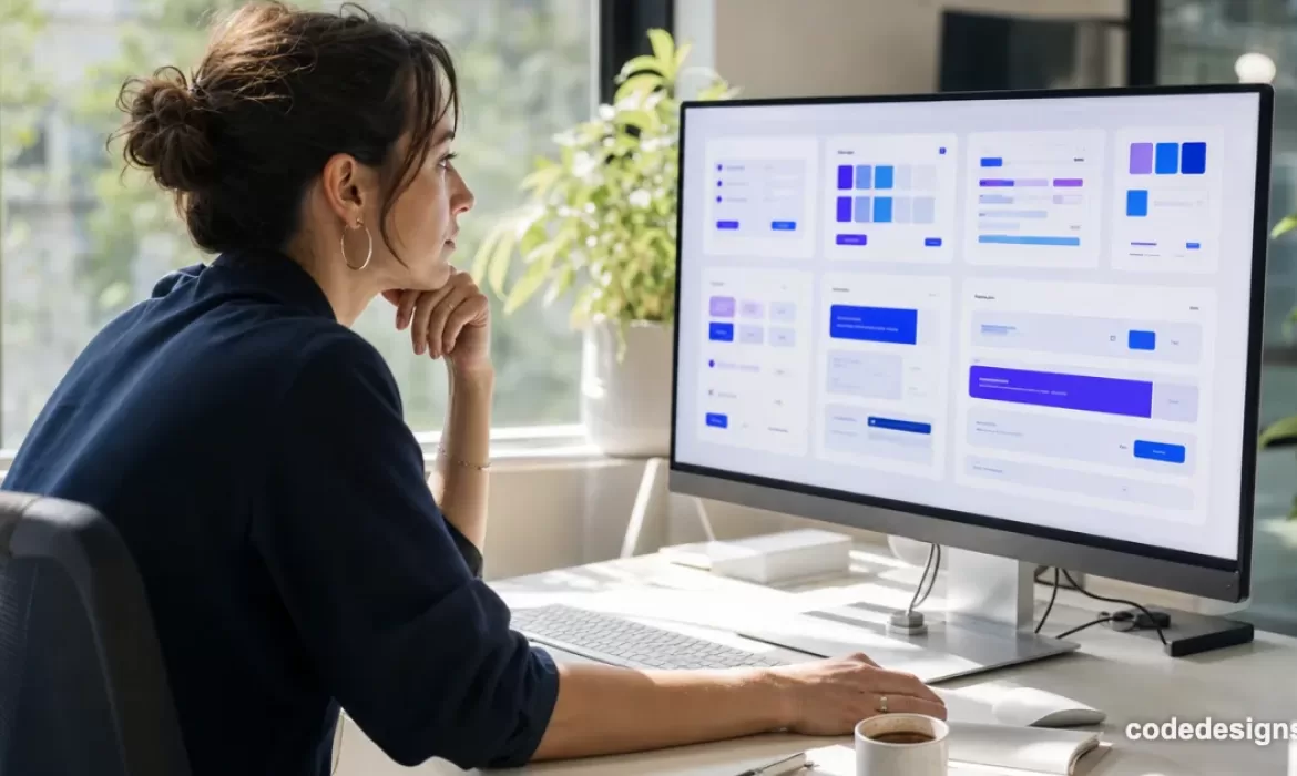 Designer reviewing a Figma design system audit on a monitor showing colorful UI components