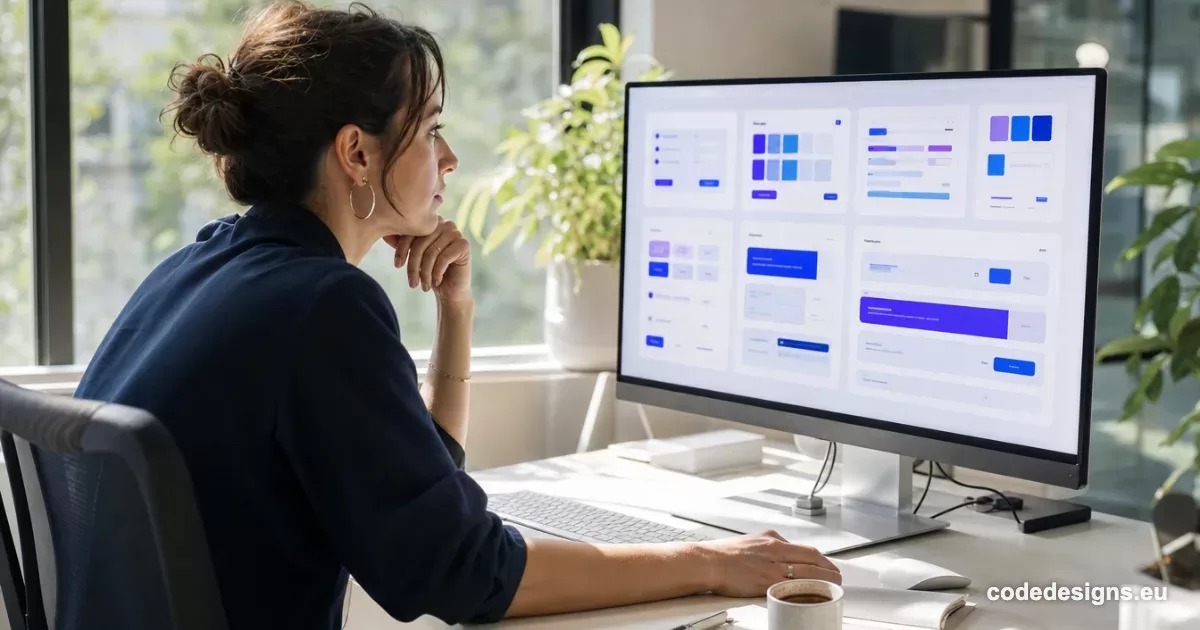 Designer reviewing a Figma design system audit on a monitor showing colorful UI components