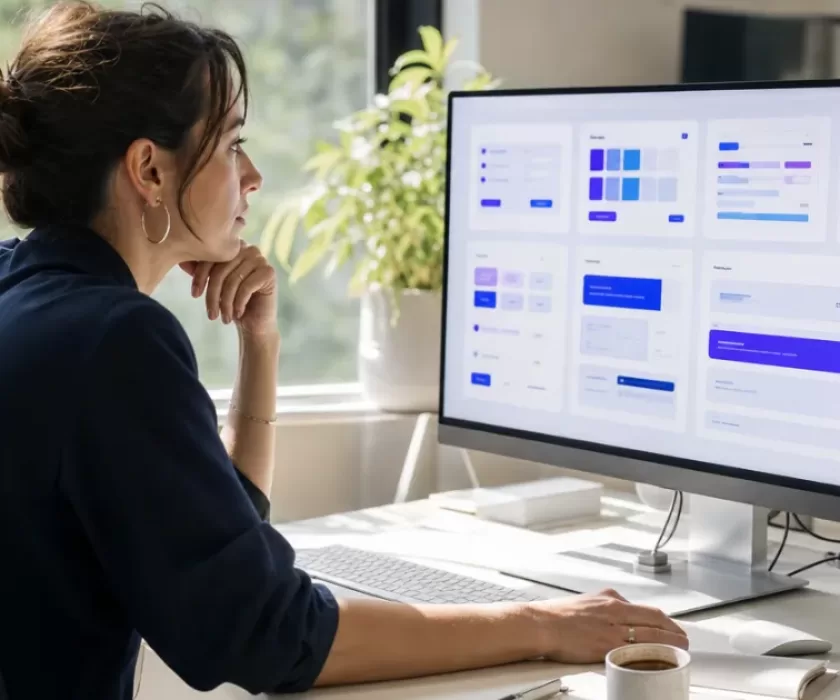 Designer reviewing a Figma design system audit on a monitor showing colorful UI components