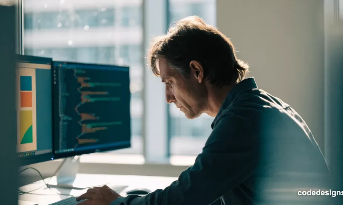 Web developer working with Figma Code Connect and an AI coding agent on dual monitors