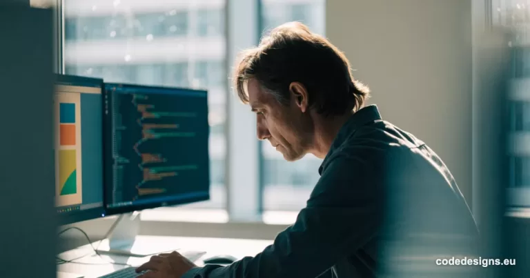 Web developer working with Figma Code Connect and an AI coding agent on dual monitors