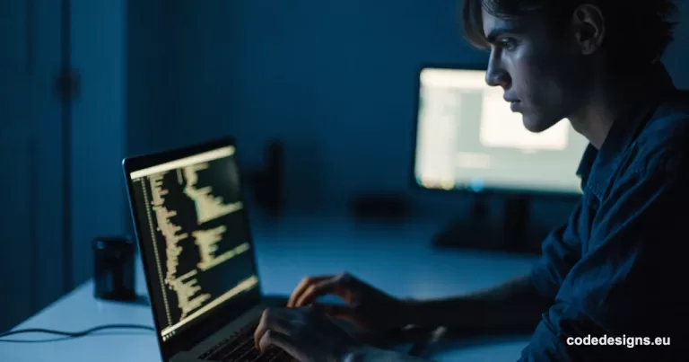Developer working late at a laptop with terminal code on screen, representing Meta's Muse Code AI coding agent