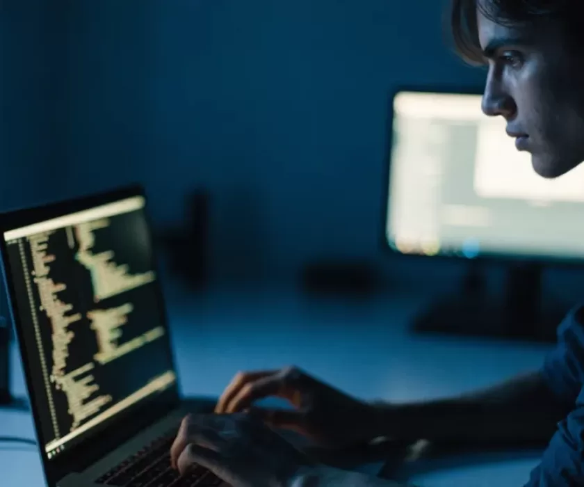 Developer working late at a laptop with terminal code on screen, representing Meta's Muse Code AI coding agent
