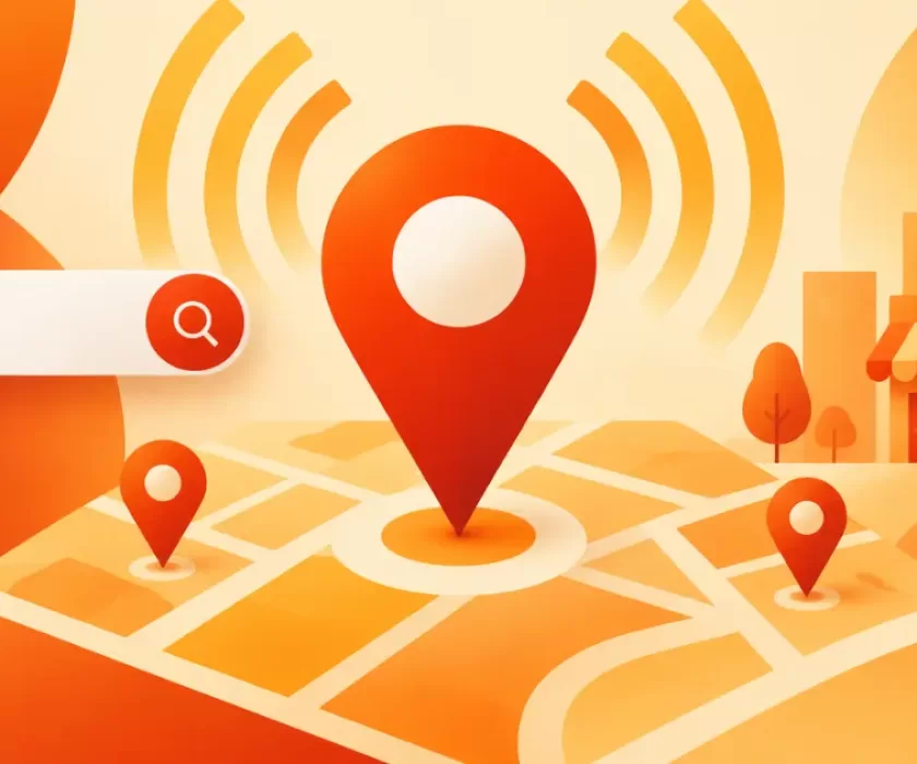 Abstract illustration of local SEO signals and map pins representing SEO services in Cyprus