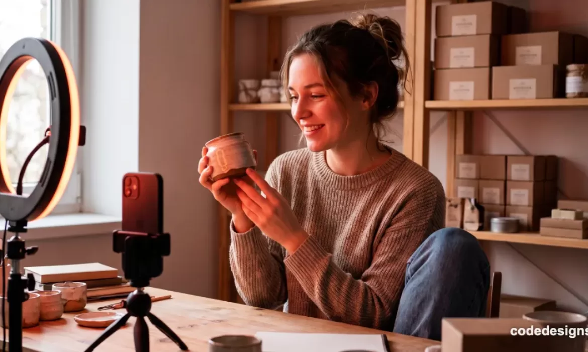 Small business owner hosting a TikTok Shop live shopping stream with ring light and smartphone, illustrating the TikTok Shop AI voice ban on live commerce