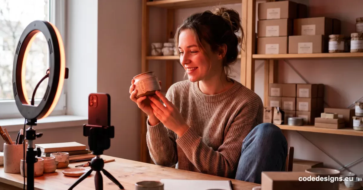 Small business owner hosting a TikTok Shop live shopping stream with ring light and smartphone, illustrating the TikTok Shop AI voice ban on live commerce