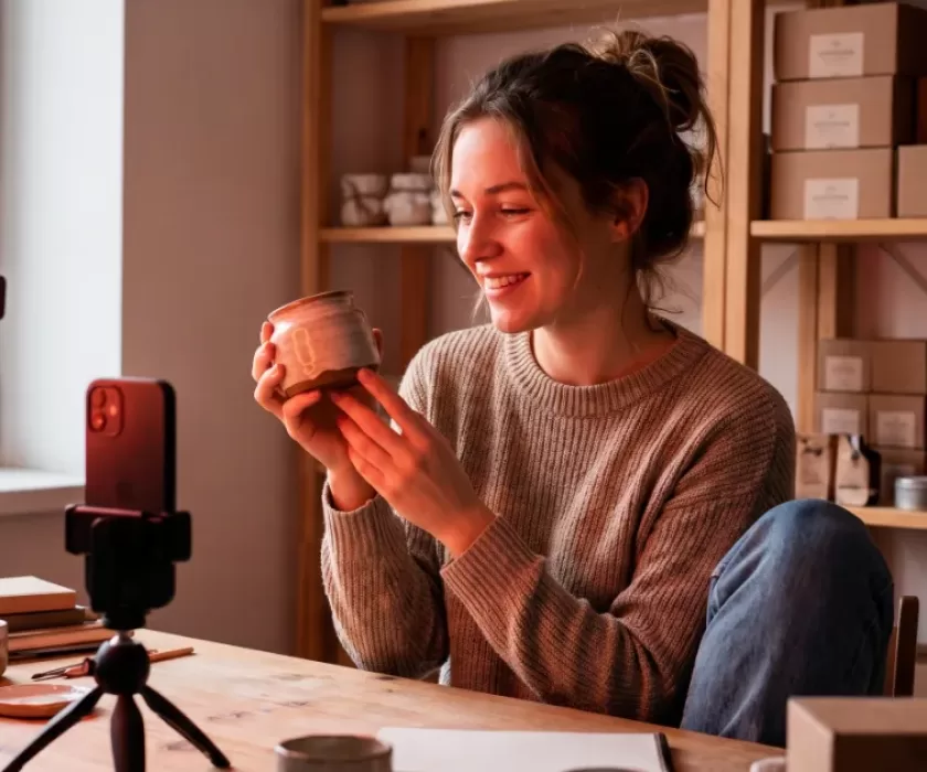 Small business owner hosting a TikTok Shop live shopping stream with ring light and smartphone, illustrating the TikTok Shop AI voice ban on live commerce