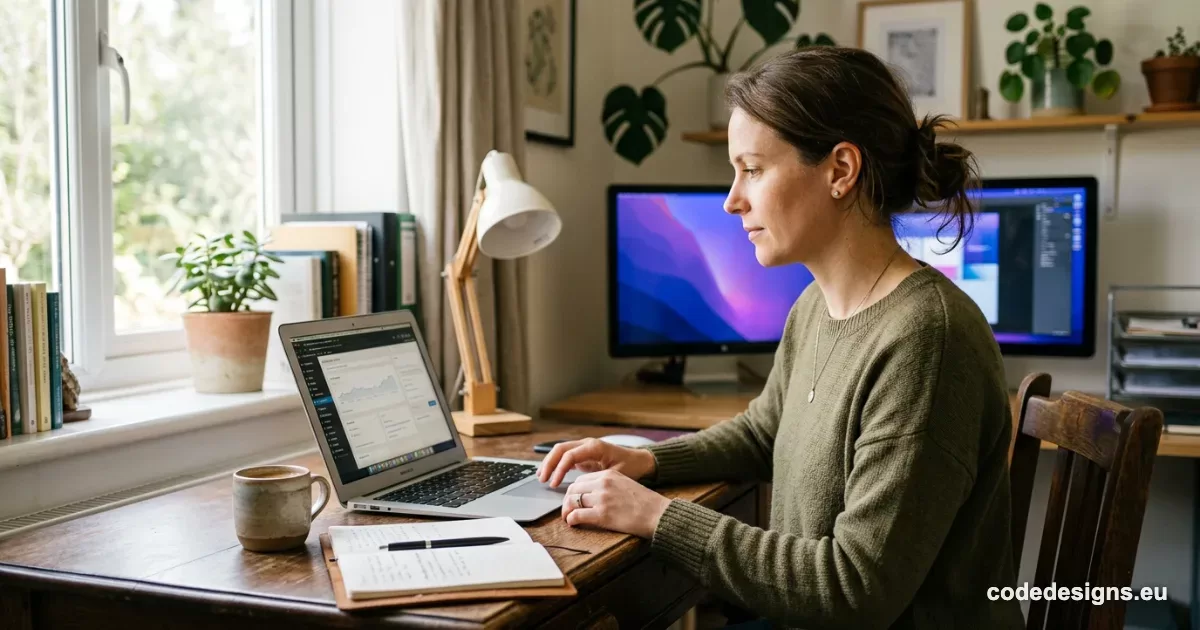 Small business owner reviewing WordPress AI plugins on a laptop