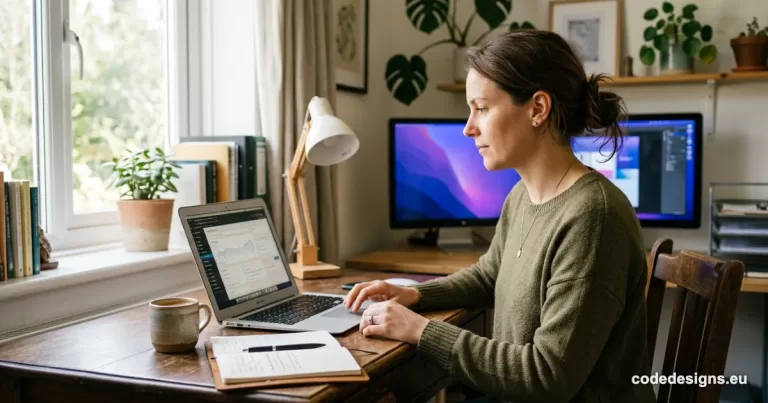Small business owner reviewing WordPress AI plugins on a laptop