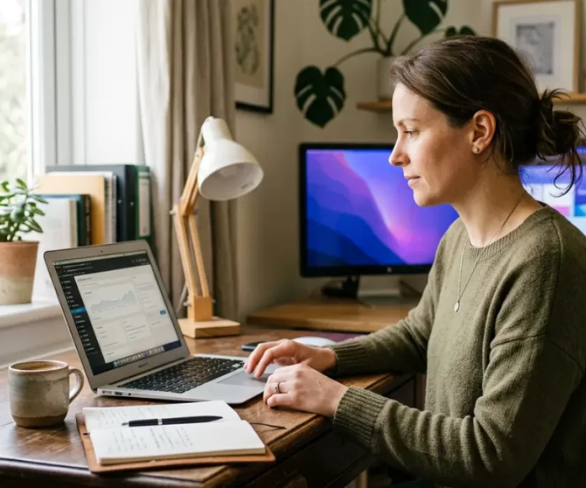 Small business owner reviewing WordPress AI plugins on a laptop