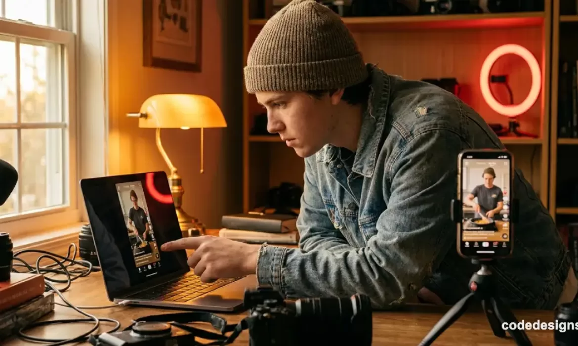 Content creator reviewing YouTube Shorts custom thumbnails on a laptop