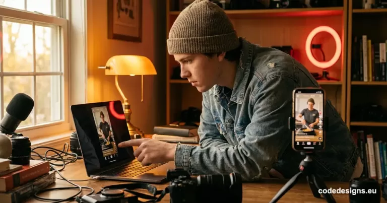 Content creator reviewing YouTube Shorts custom thumbnails on a laptop