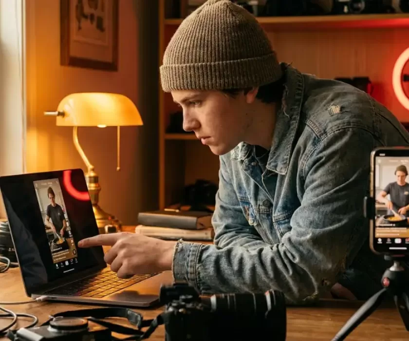 Content creator reviewing YouTube Shorts custom thumbnails on a laptop